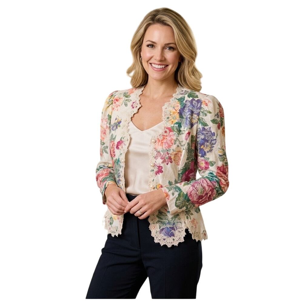 Vintage Nah Nah Collections Floral Tapestry Blazer Top 14 Cream Lace Cottagecore